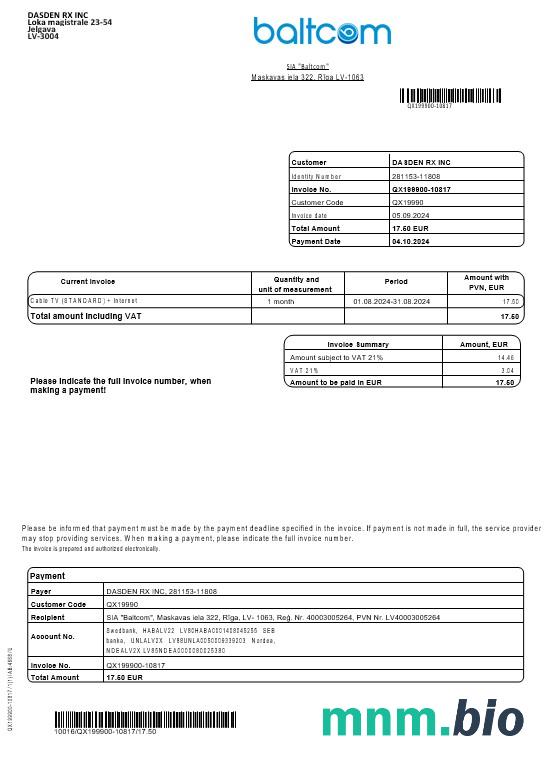 Łotwa Baltcom Telekomunikacja rachunek za usługi komunalne szablon w formacie Word i PDF (Wersja angielska)